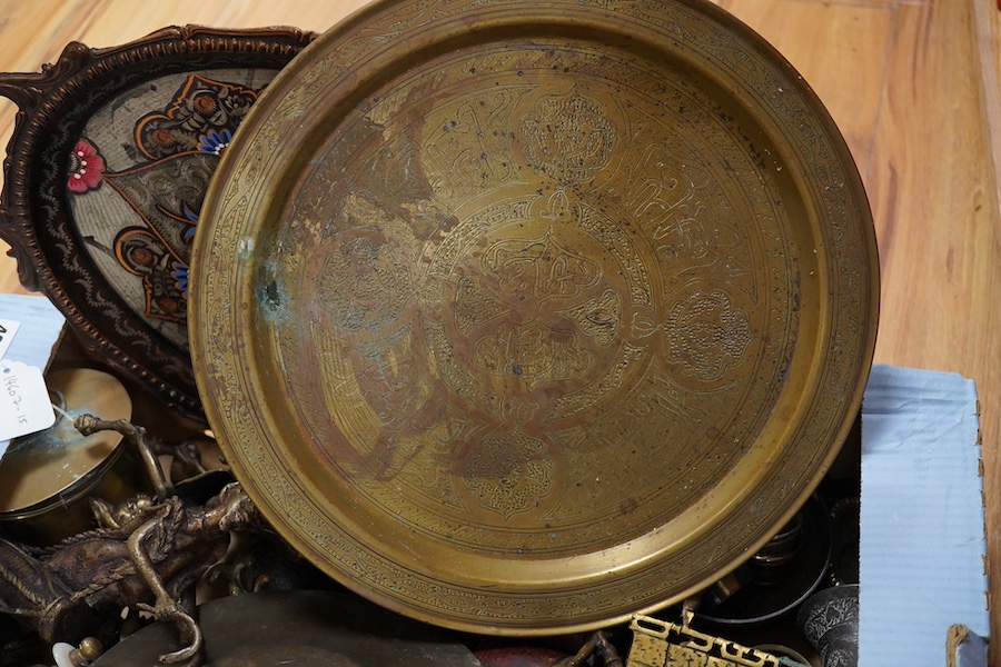 A box of mixed brass and metalware tray vases etc. Condition - poor to fair